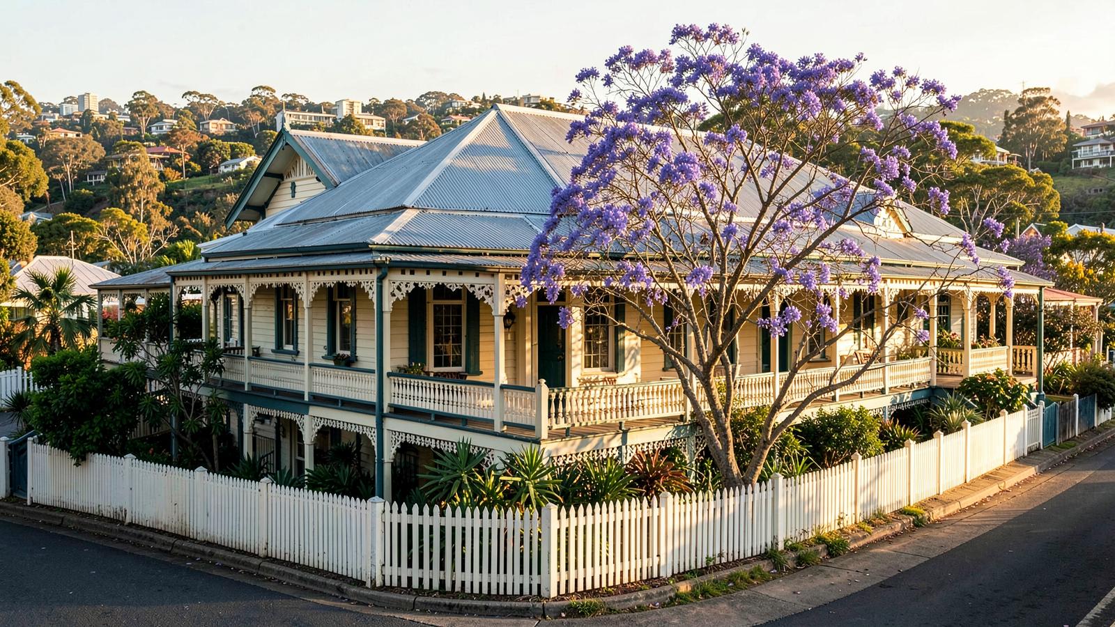 A classic Queenslander home with verandah and jacarandas on a leafy Brisbane street
